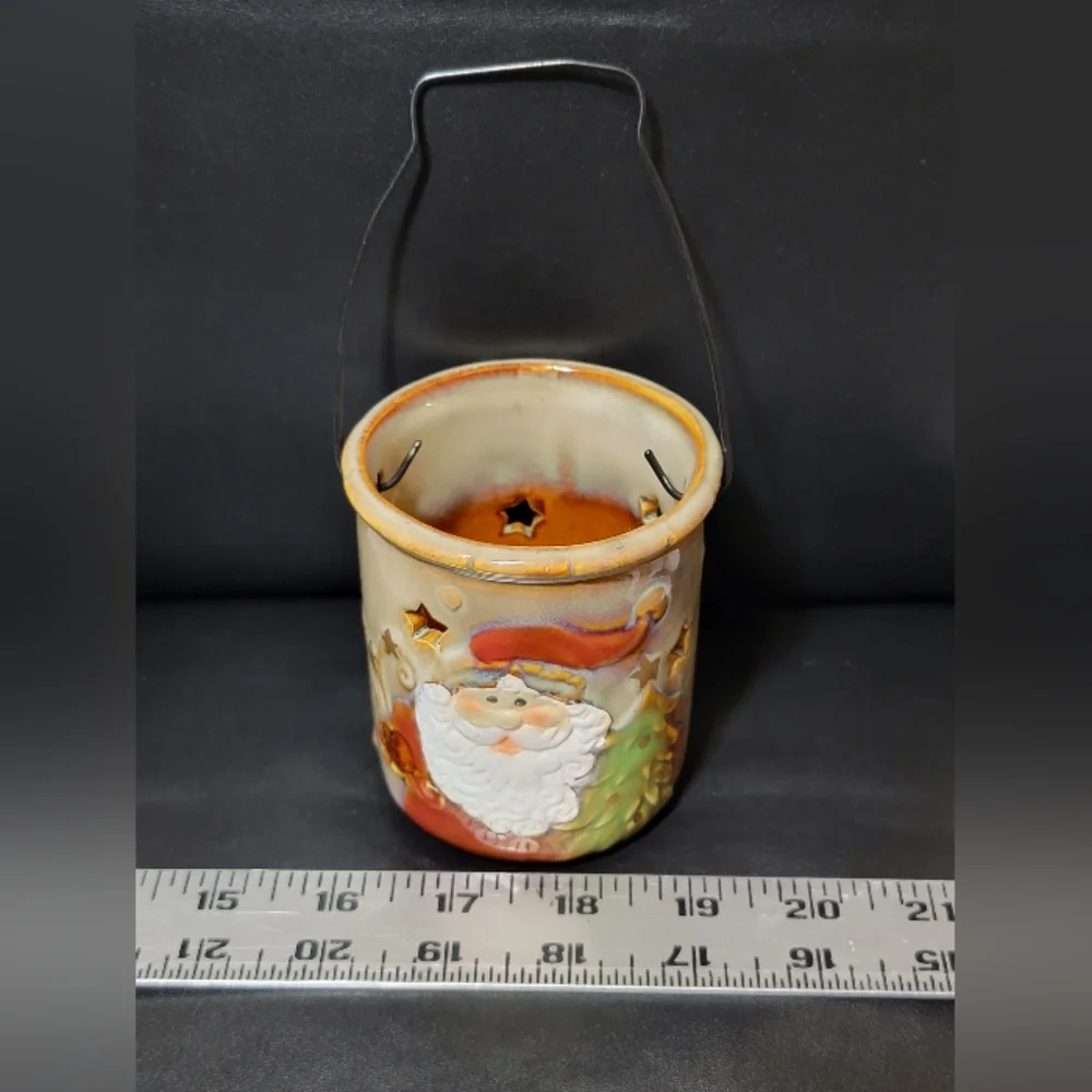 Vintage Ceramic Santa Claus Christmas Textured Lantern Tea Light Candle Holder